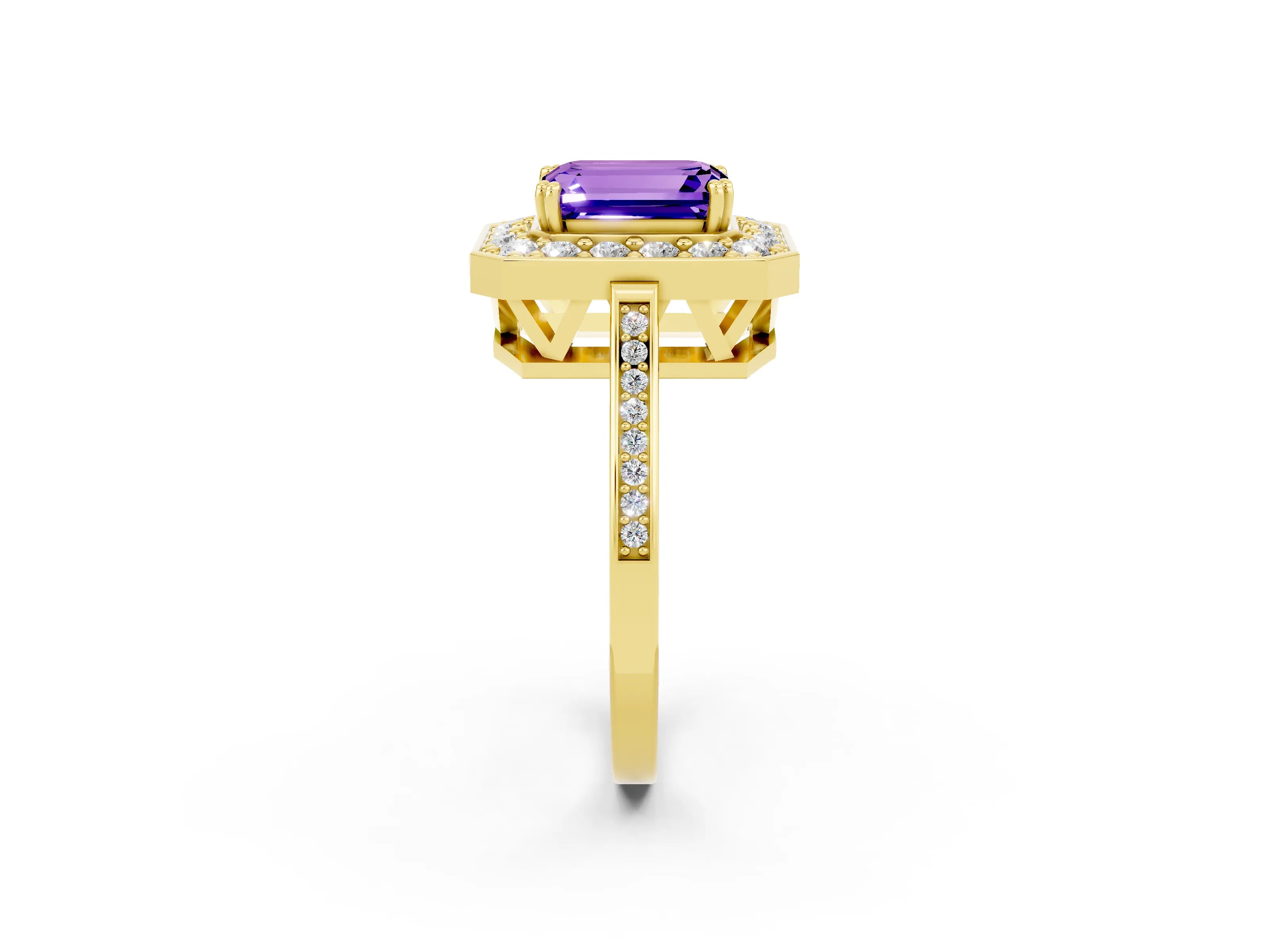 Yellow gold {shape_name} Tanzanite Halo Ring with Split Shank and Four-Prong Setting_14