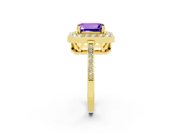 Yellow gold Emerald Cut Tanzanite Halo Ring with Split Shank and Four-Prong Setting