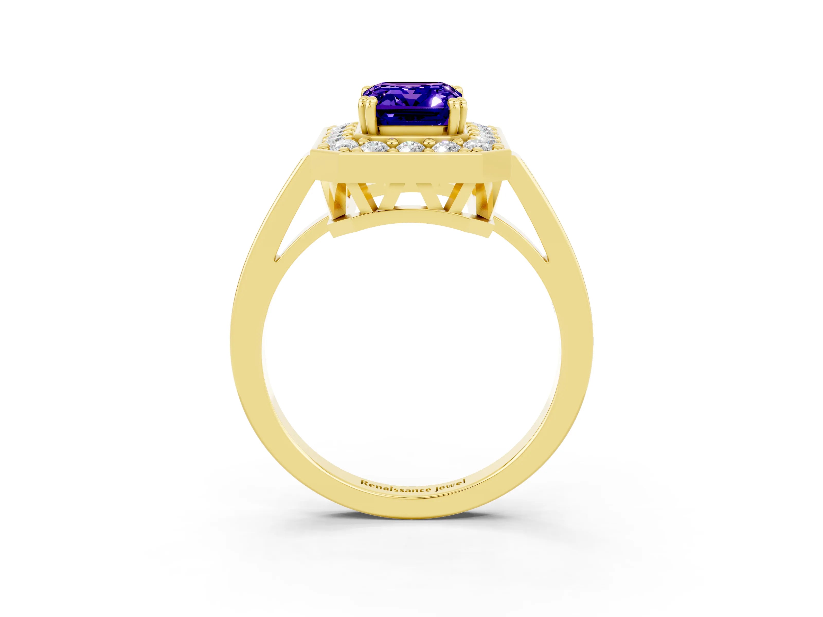 Yellow gold {shape_name} Tanzanite Halo Ring with Split Shank and Four-Prong Setting_15