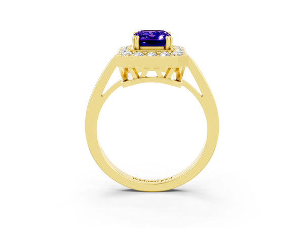 Yellow gold Emerald Cut Tanzanite Halo Ring with Split Shank and Four-Prong Setting