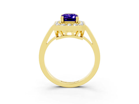 Yellow gold {shape_name} Tanzanite Halo Ring with Split Shank and Four-Prong Setting_15