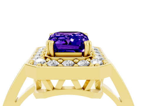 Yellow gold {shape_name} Tanzanite Halo Ring with Split Shank and Four-Prong Setting_16