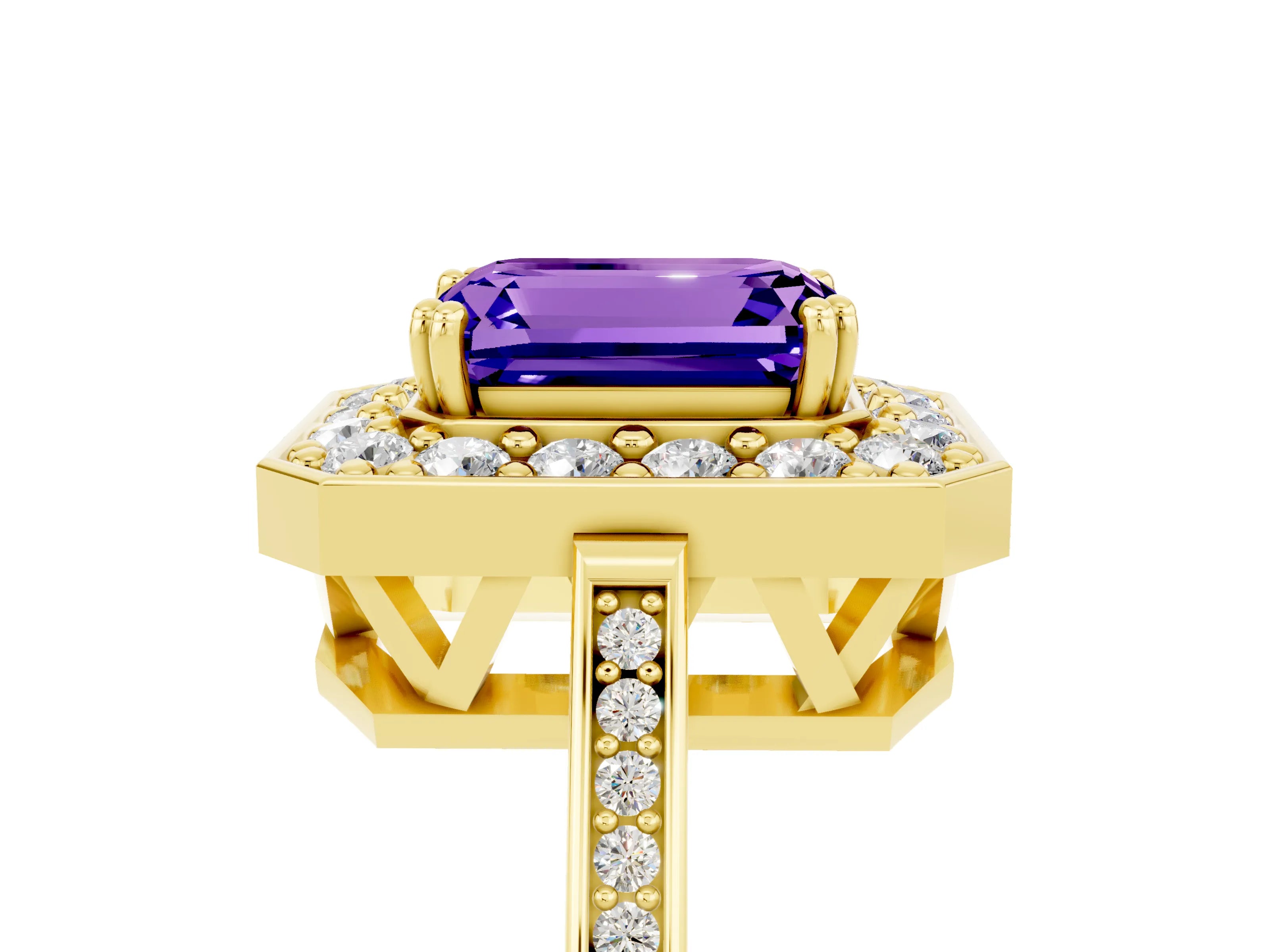Yellow gold {shape_name} Tanzanite Halo Ring with Split Shank and Four-Prong Setting_17