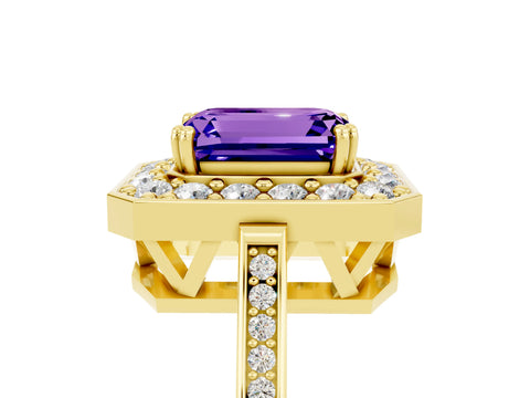 Yellow gold {shape_name} Tanzanite Halo Ring with Split Shank and Four-Prong Setting_17