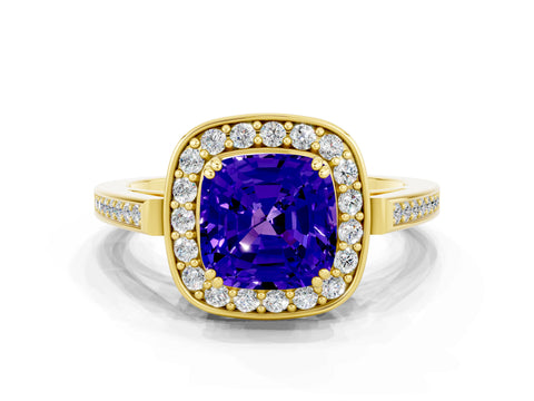 Yellow gold {shape_name} Tanzanite Halo Ring with Split Shank and Four-Prong Setting_19