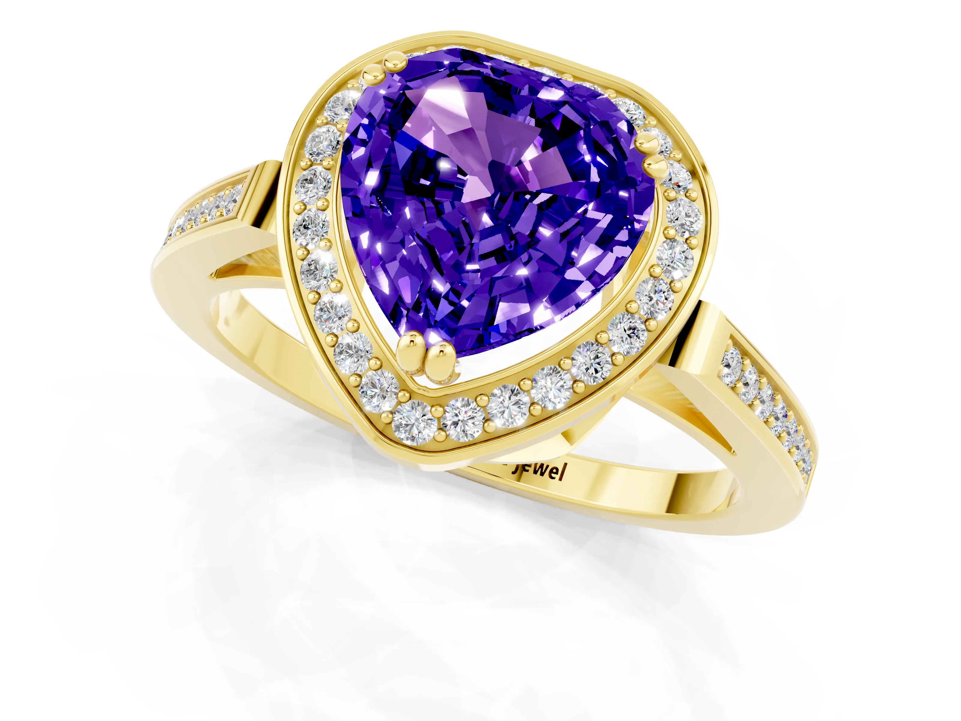 Yellow gold {shape_name} Tanzanite Halo Ring with Split Shank and Four-Prong Setting_1
