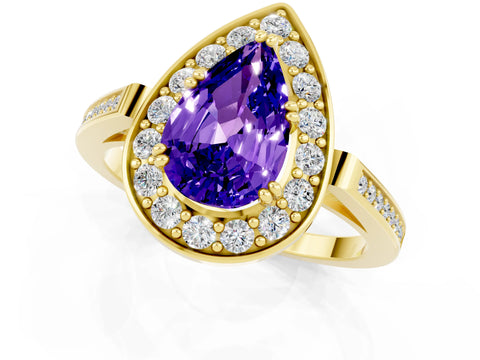 Yellow gold {shape_name} Tanzanite Halo Ring with Split Shank and Four-Prong Setting_1