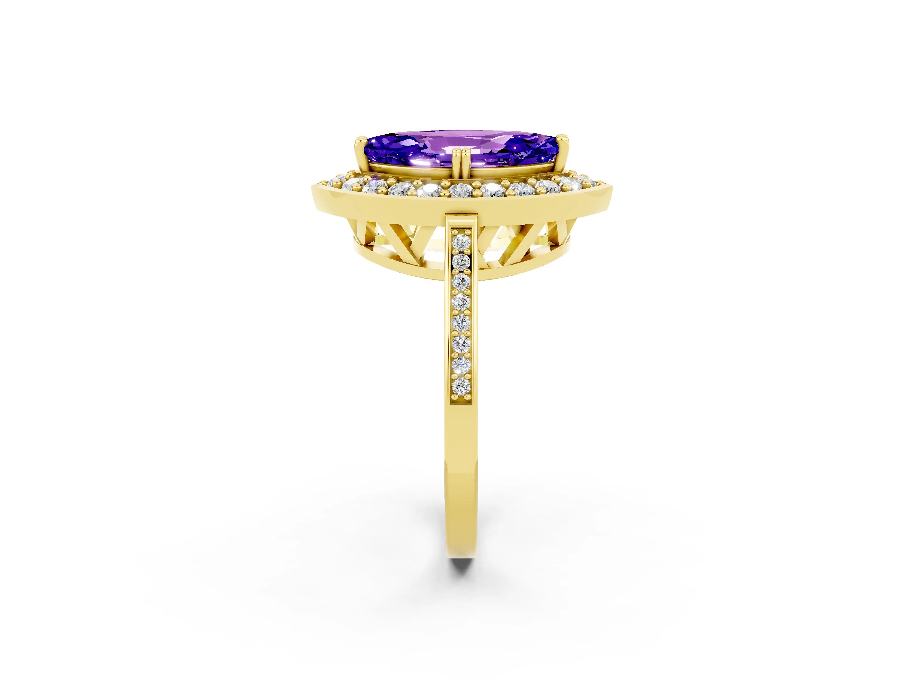 Yellow gold {shape_name} Tanzanite Halo Ring with Split Shank and Four-Prong Setting_2