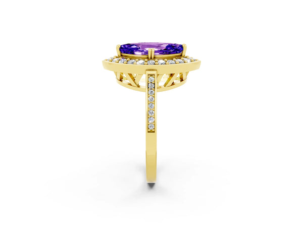 Yellow gold Marquise Cut Tanzanite Halo Ring with Split Shank and Four-Prong Setting