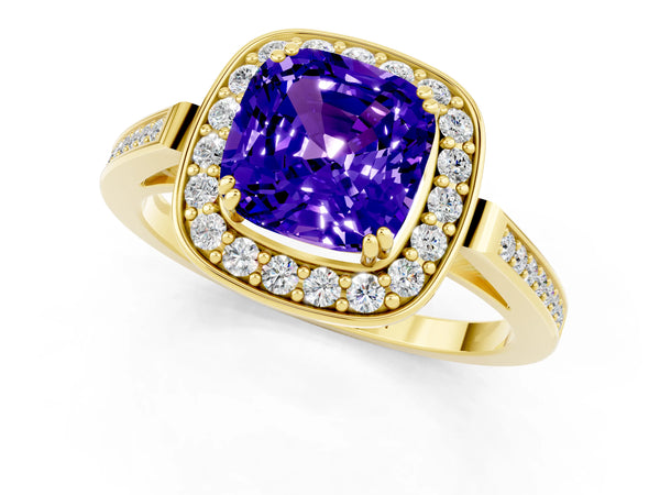 Yellow gold Cushion Cut Tanzanite Halo Ring with Split Shank and Four-Prong Setting
