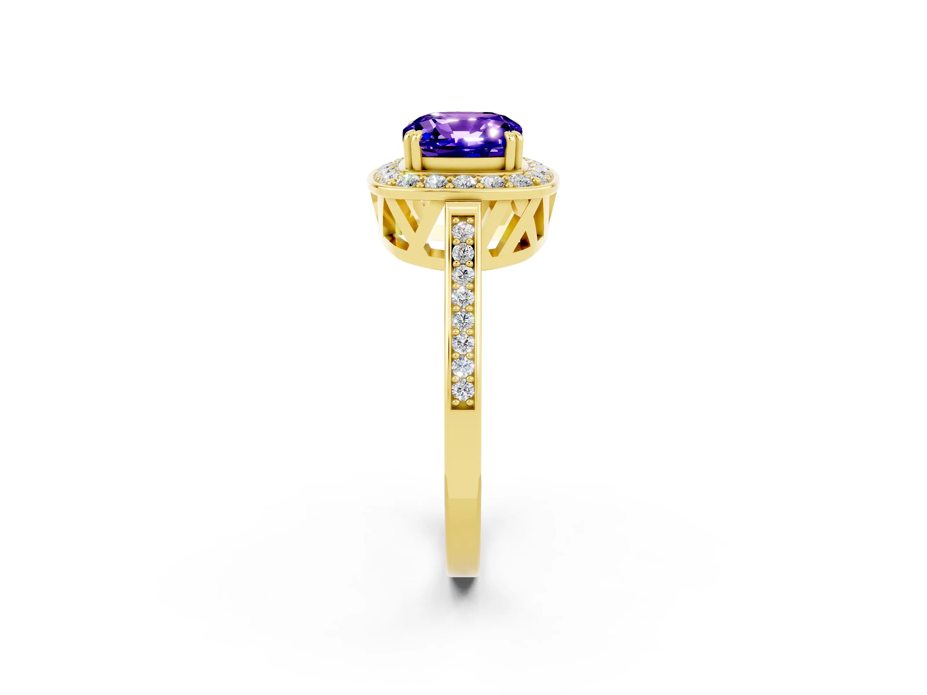 Yellow gold {shape_name} Tanzanite Halo Ring with Split Shank and Four-Prong Setting_21