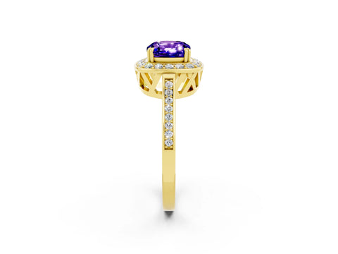 Yellow gold {shape_name} Tanzanite Halo Ring with Split Shank and Four-Prong Setting_21