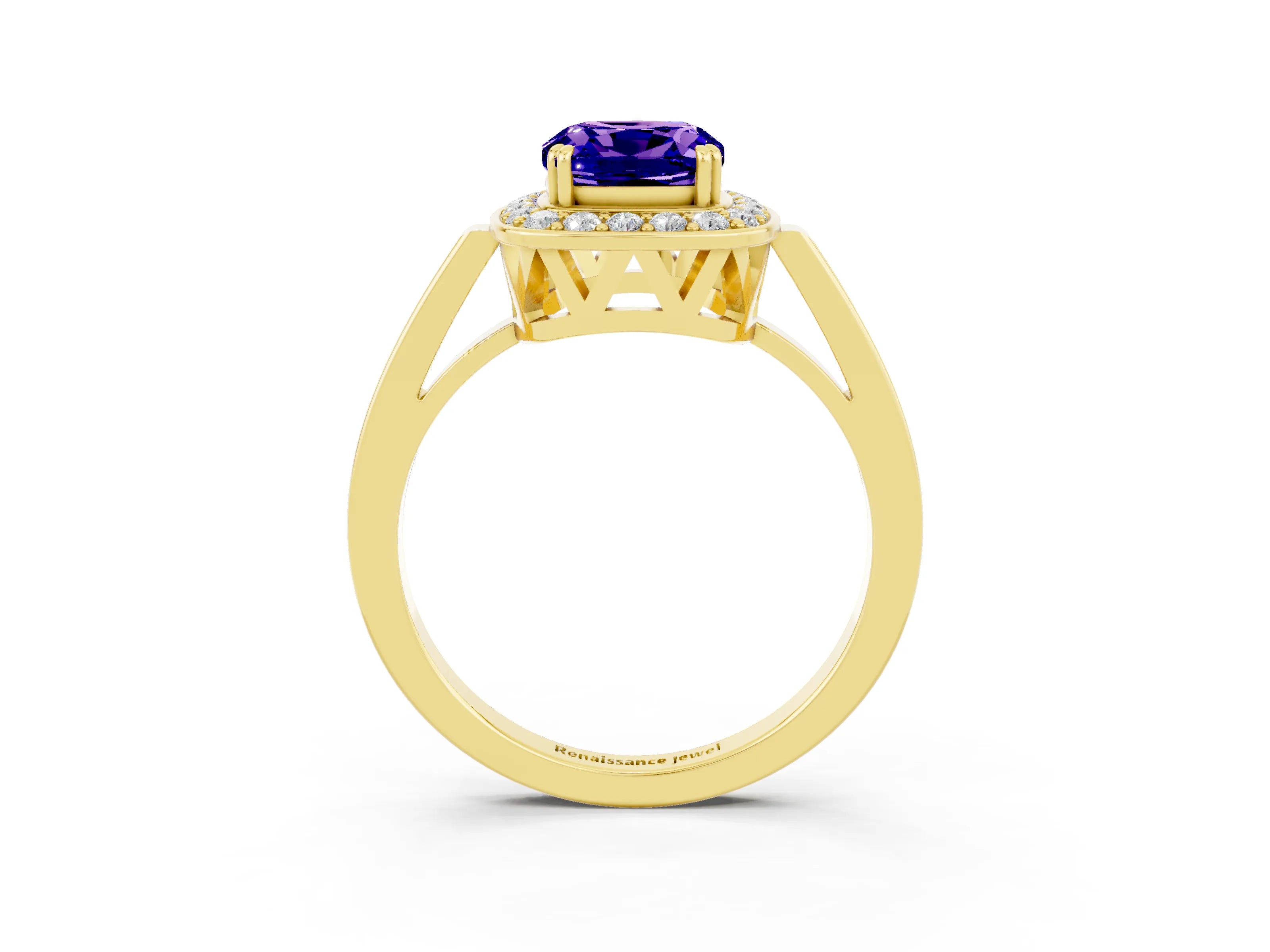 Yellow gold {shape_name} Tanzanite Halo Ring with Split Shank and Four-Prong Setting_22