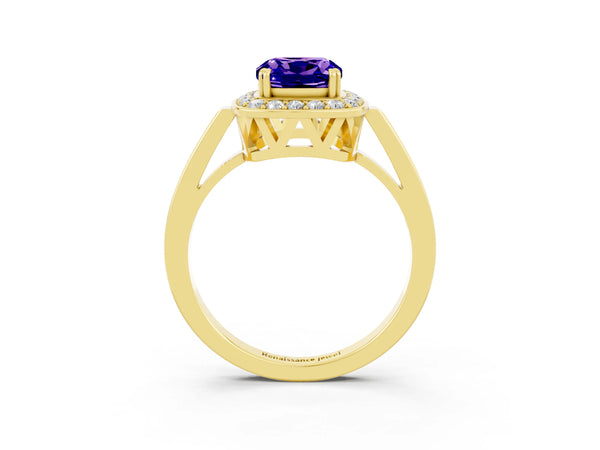 Yellow gold Cushion Cut Tanzanite Halo Ring with Split Shank and Four-Prong Setting