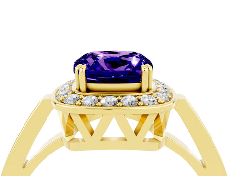Yellow gold {shape_name} Tanzanite Halo Ring with Split Shank and Four-Prong Setting_23