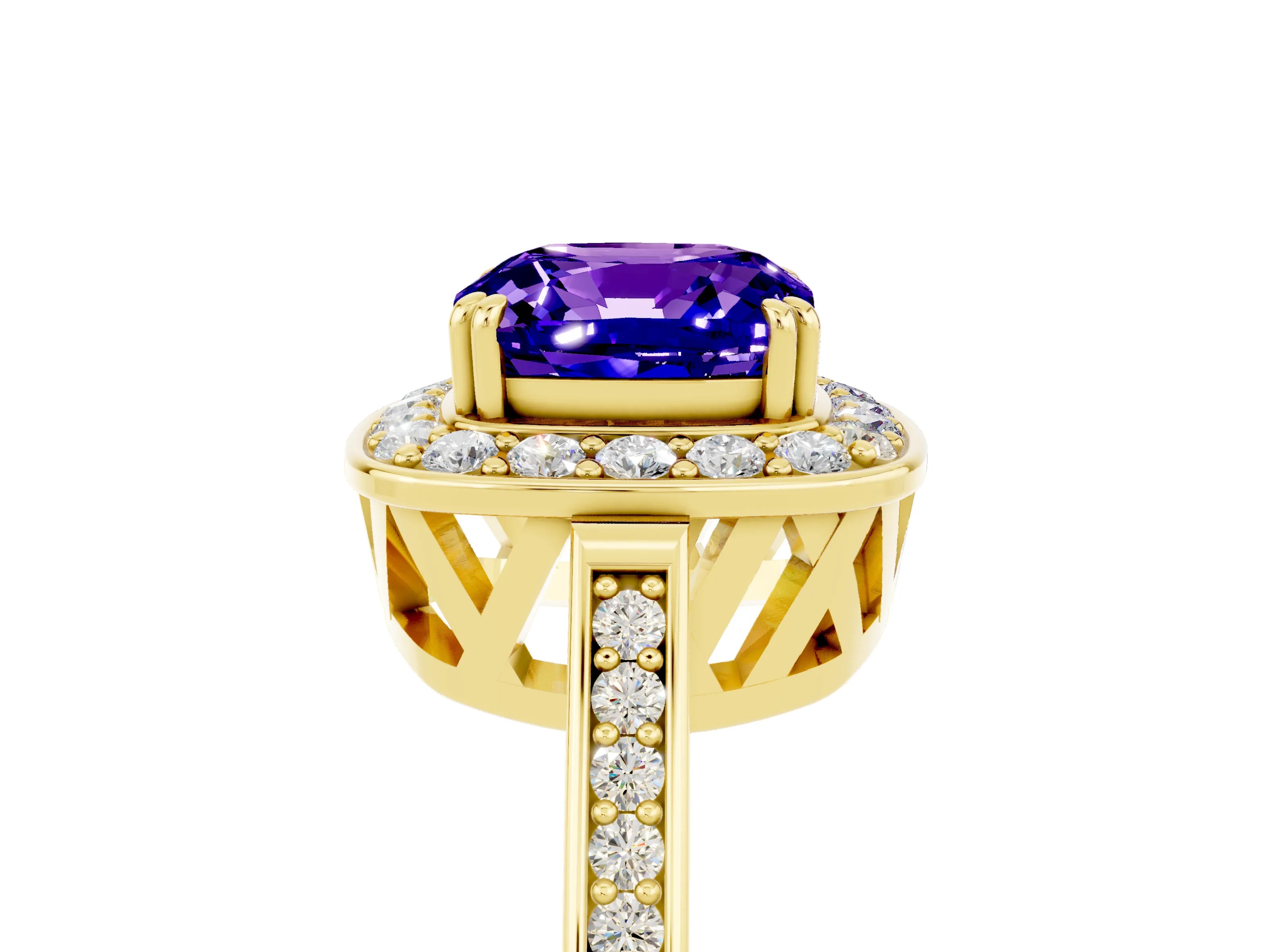 Yellow gold {shape_name} Tanzanite Halo Ring with Split Shank and Four-Prong Setting_24