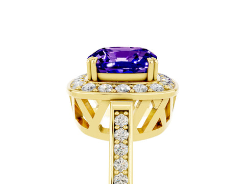 Yellow gold {shape_name} Tanzanite Halo Ring with Split Shank and Four-Prong Setting_24
