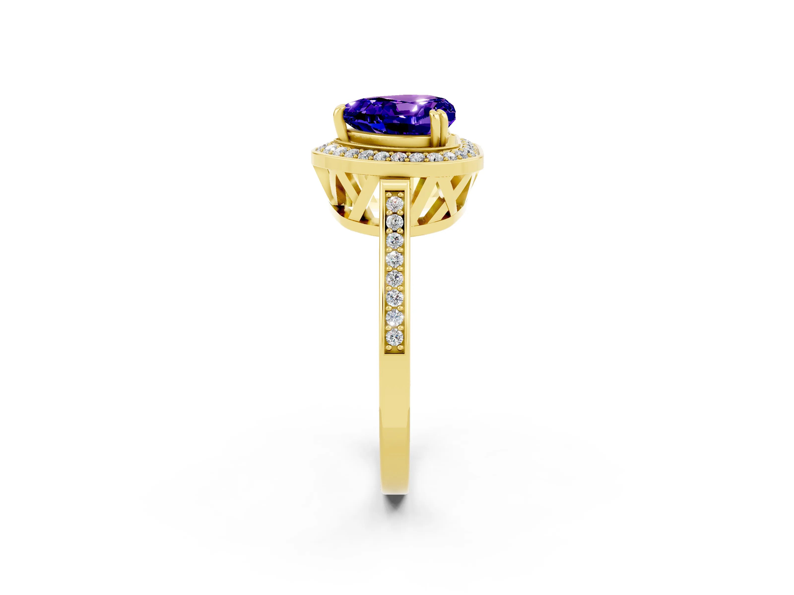 Yellow gold {shape_name} Tanzanite Halo Ring with Split Shank and Four-Prong Setting_2