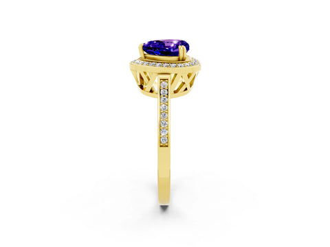 Yellow gold {shape_name} Tanzanite Halo Ring with Split Shank and Four-Prong Setting_2