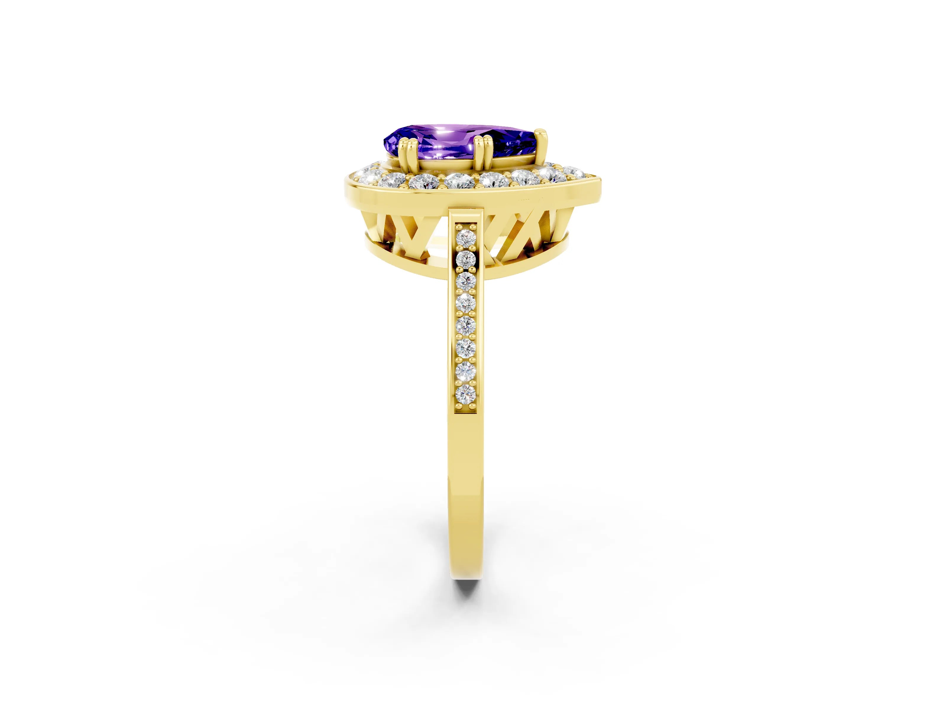 Yellow gold {shape_name} Tanzanite Halo Ring with Split Shank and Four-Prong Setting_2