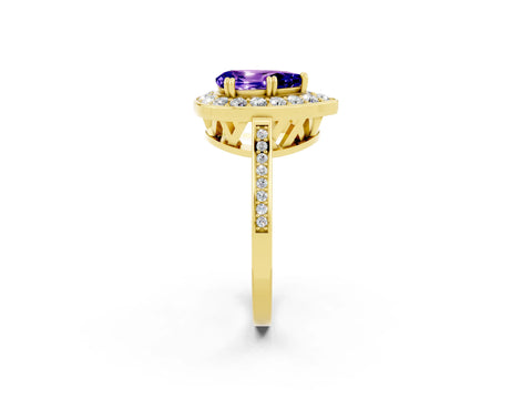 Yellow gold {shape_name} Tanzanite Halo Ring with Split Shank and Four-Prong Setting_2