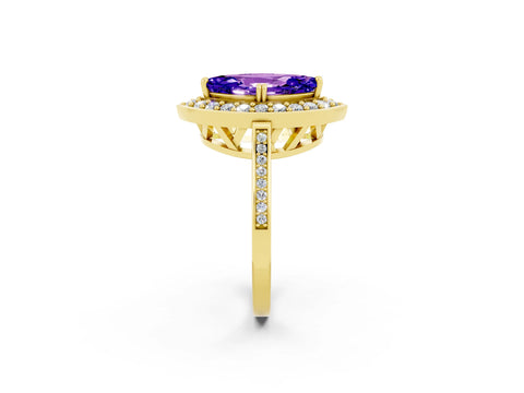 Yellow gold {shape_name} Tanzanite Halo Ring with Split Shank and Four-Prong Setting_2