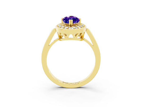 Yellow gold Marquise Cut Tanzanite Halo Ring with Split Shank and Four-Prong Setting