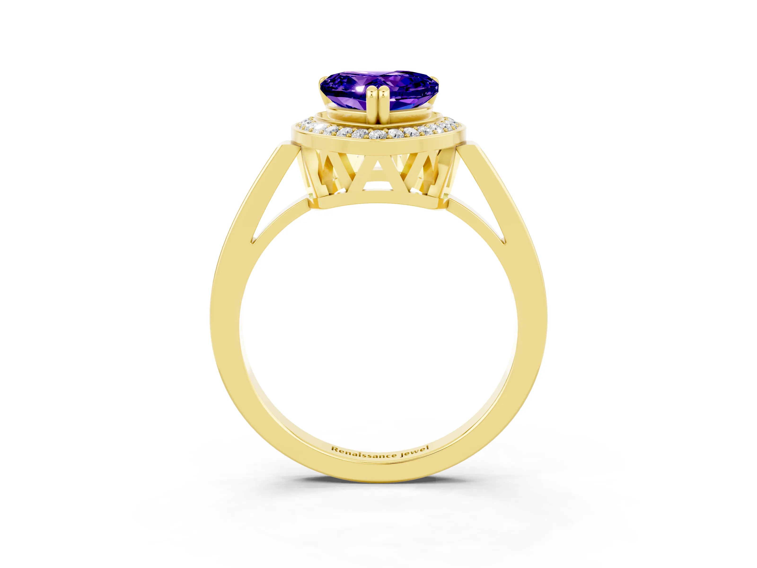 Yellow gold {shape_name} Tanzanite Halo Ring with Split Shank and Four-Prong Setting_3