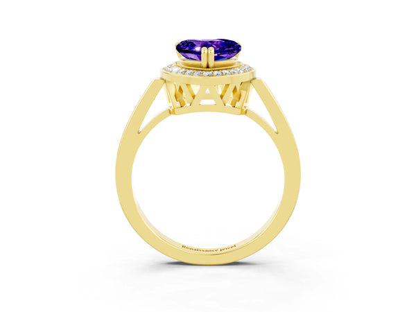 Yellow gold Heart Cut Tanzanite Halo Ring with Split Shank and Four-Prong Setting