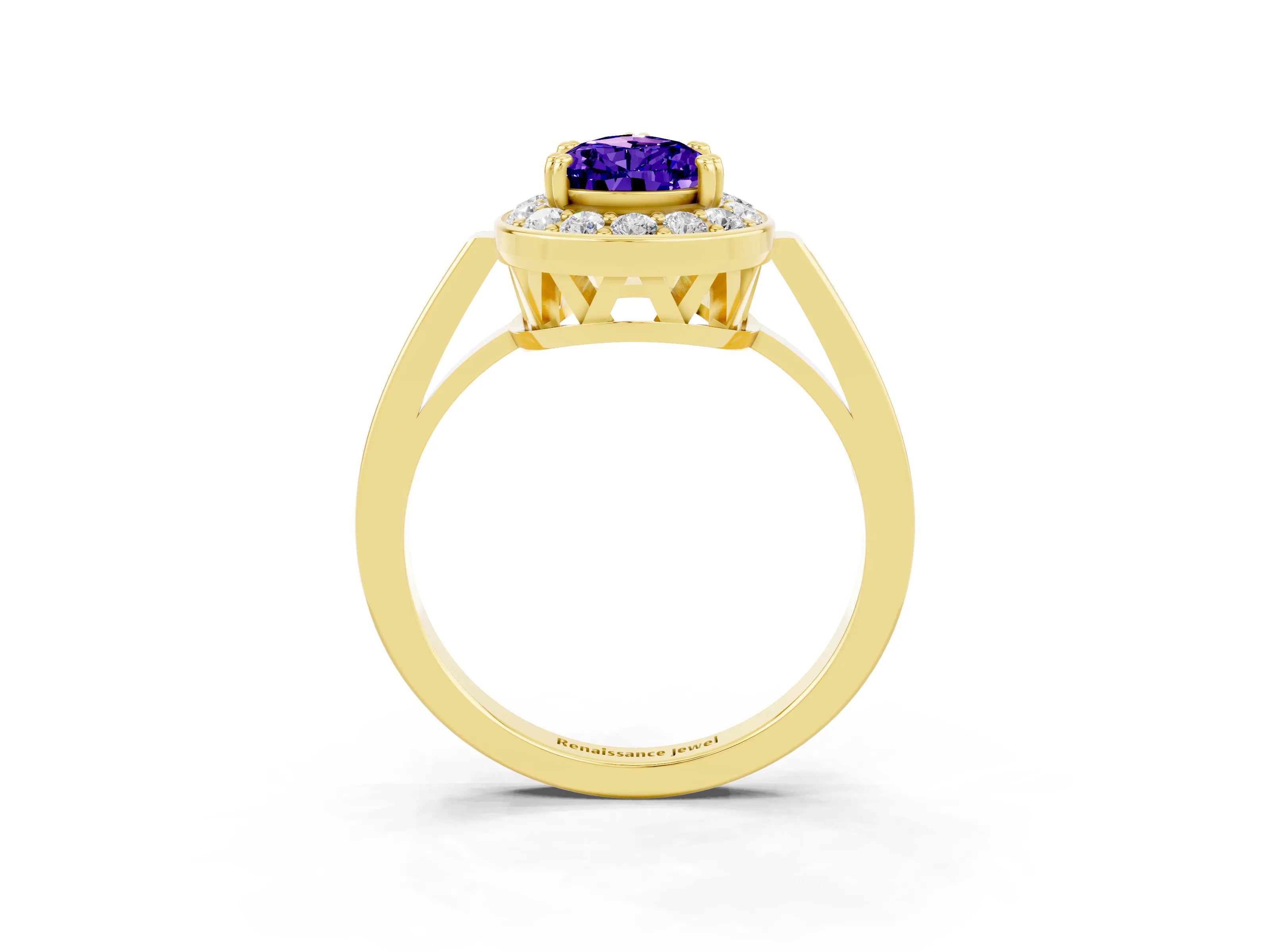 Yellow gold {shape_name} Tanzanite Halo Ring with Split Shank and Four-Prong Setting_3