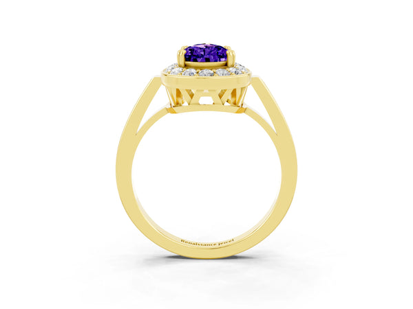 Yellow gold Pear Cut Tanzanite Halo Ring with Split Shank and Four-Prong Setting