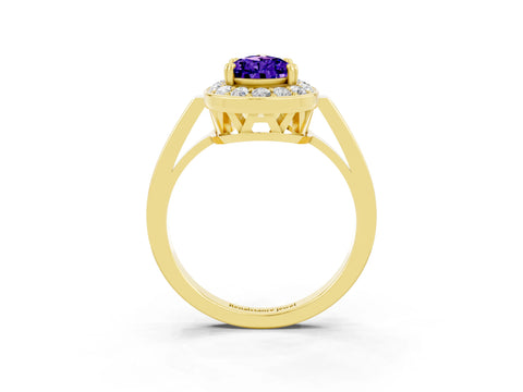Yellow gold {shape_name} Tanzanite Halo Ring with Split Shank and Four-Prong Setting_3