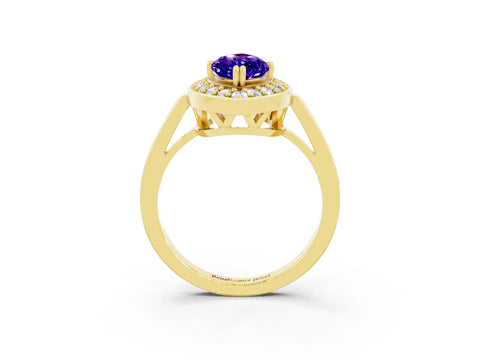Yellow gold {shape_name} Tanzanite Halo Ring with Split Shank and Four-Prong Setting_3