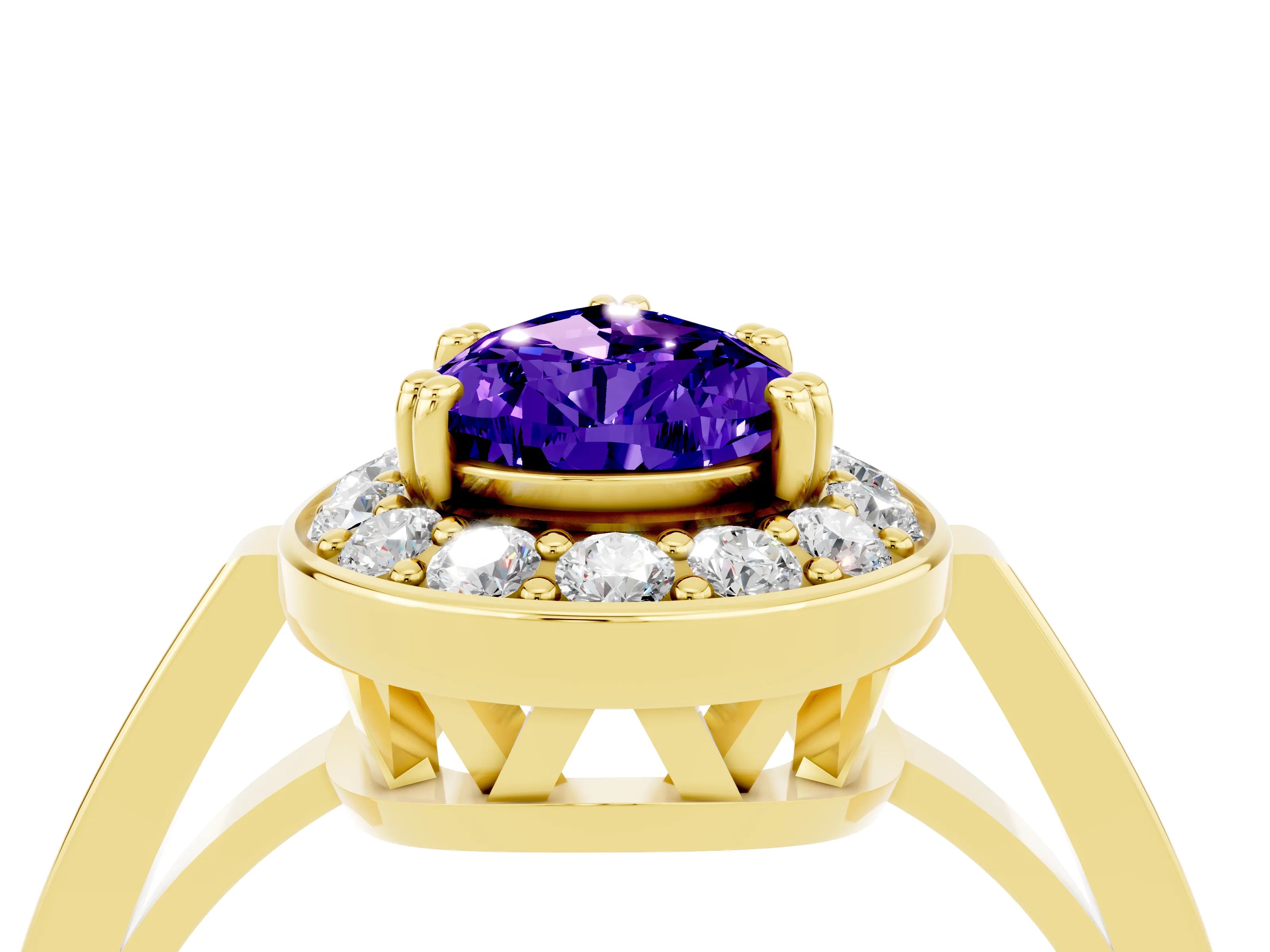 Yellow gold {shape_name} Tanzanite Halo Ring with Split Shank and Four-Prong Setting_4