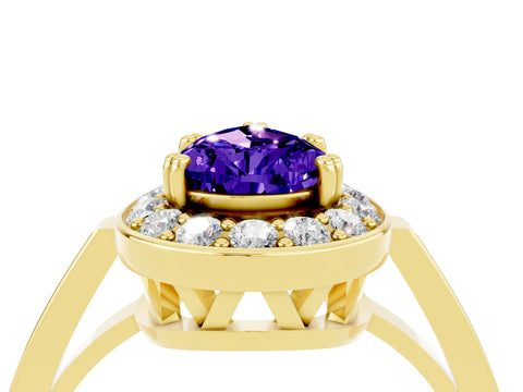 Yellow gold {shape_name} Tanzanite Halo Ring with Split Shank and Four-Prong Setting_4
