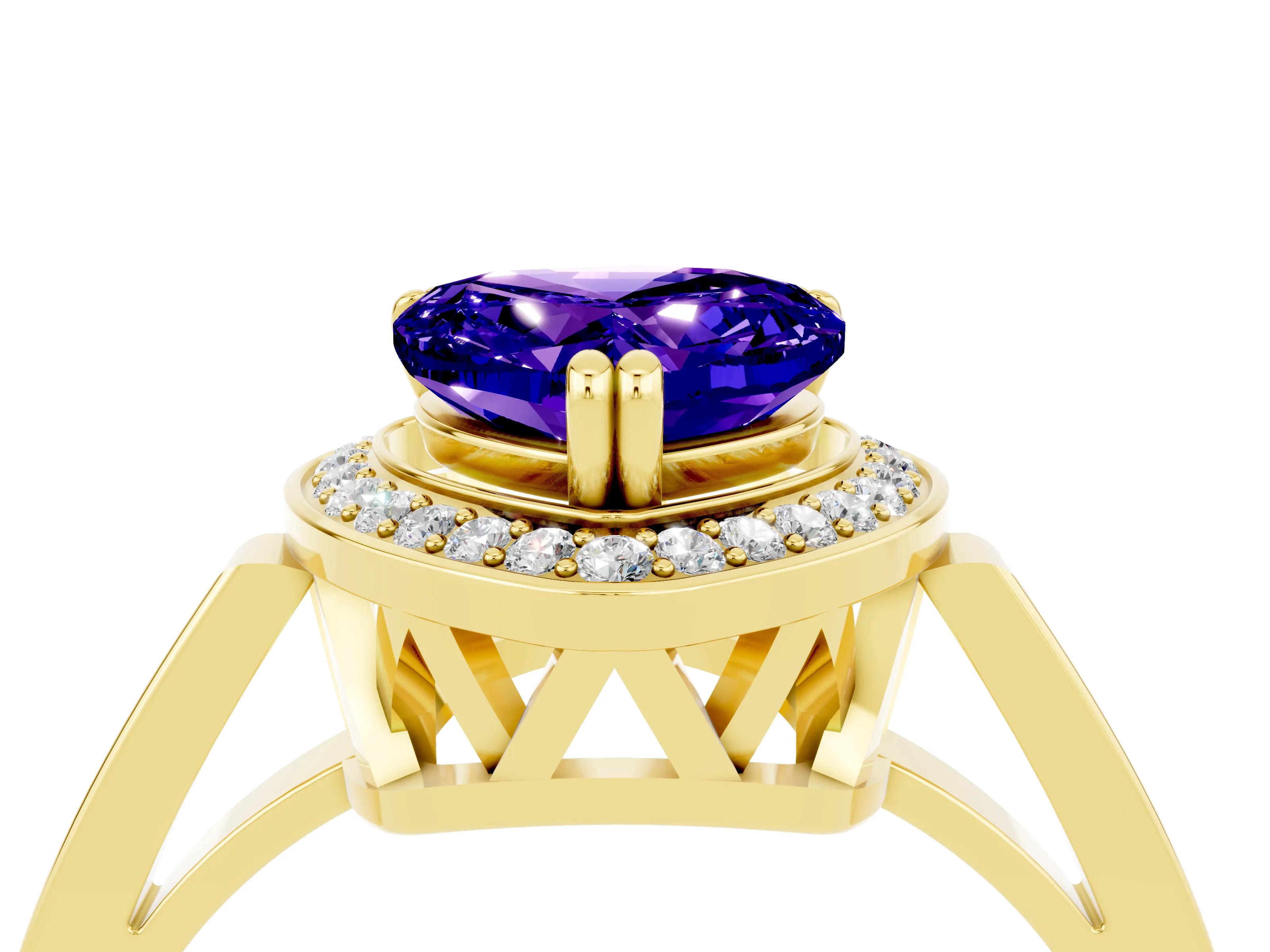 Yellow gold {shape_name} Tanzanite Halo Ring with Split Shank and Four-Prong Setting_4