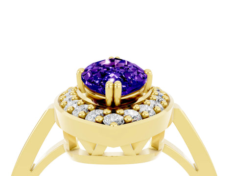 Yellow gold {shape_name} Tanzanite Halo Ring with Split Shank and Four-Prong Setting_4