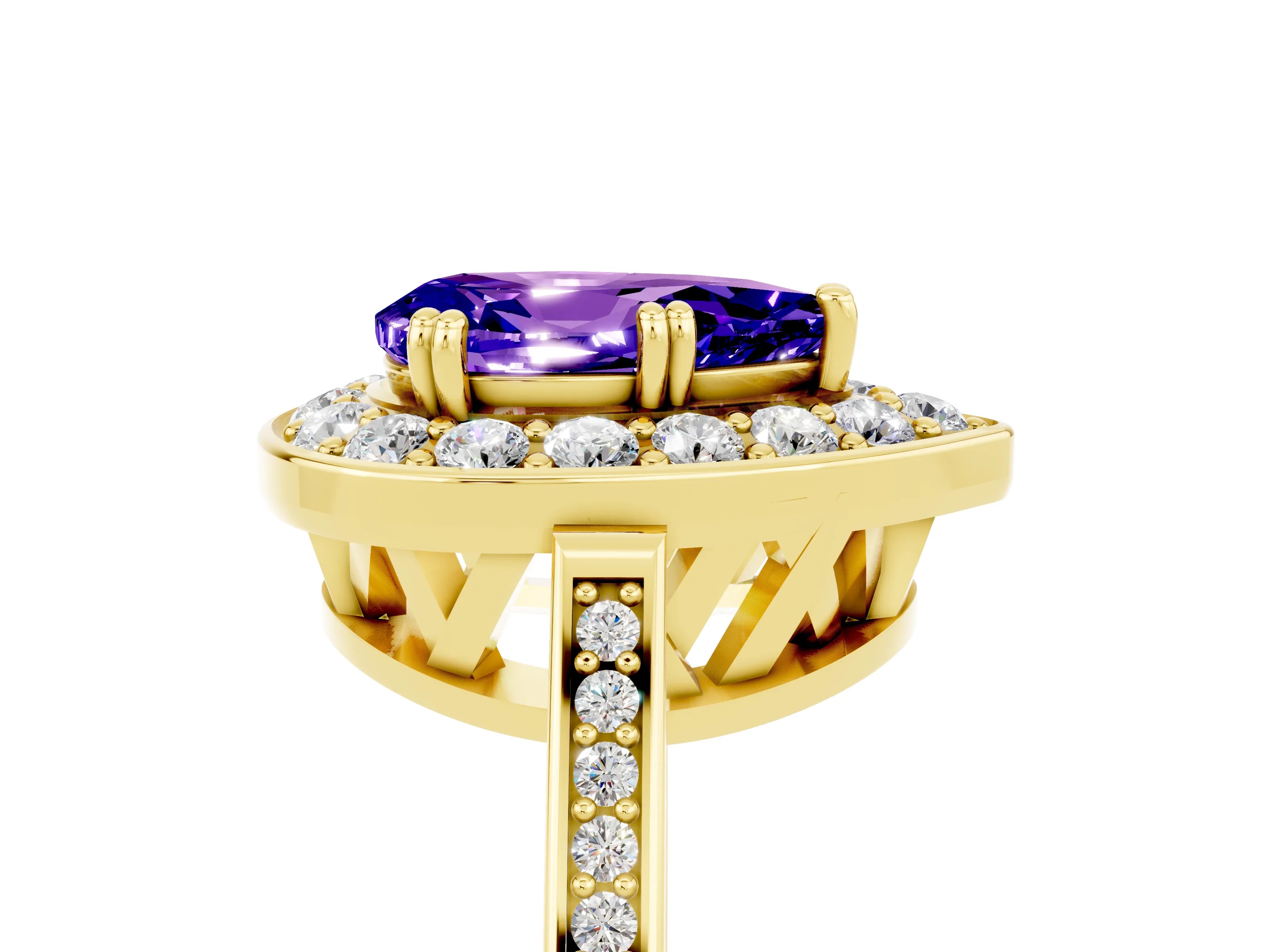 Yellow gold {shape_name} Tanzanite Halo Ring with Split Shank and Four-Prong Setting_5