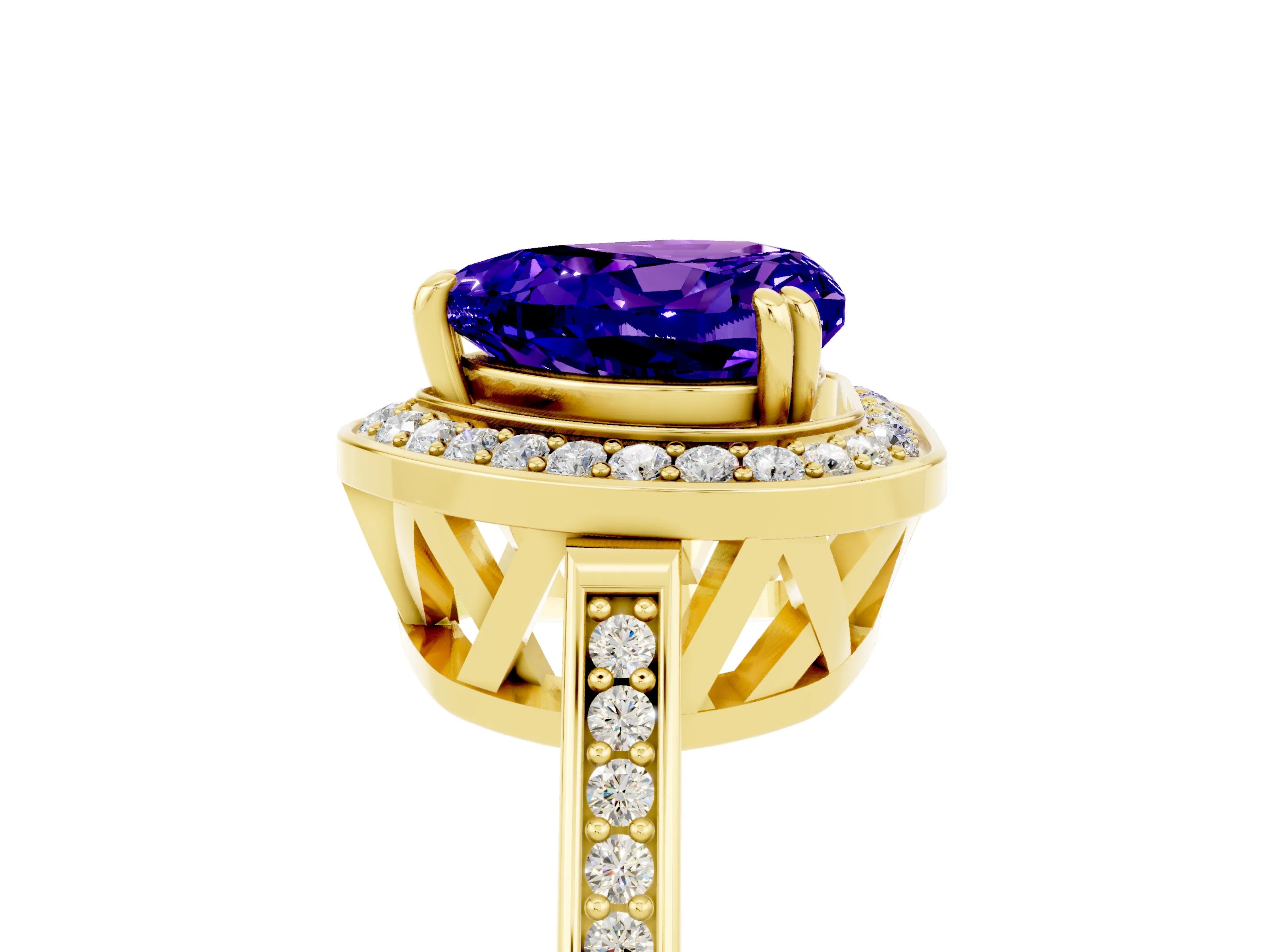 Yellow gold {shape_name} Tanzanite Halo Ring with Split Shank and Four-Prong Setting_5