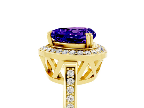 Yellow gold {shape_name} Tanzanite Halo Ring with Split Shank and Four-Prong Setting_5