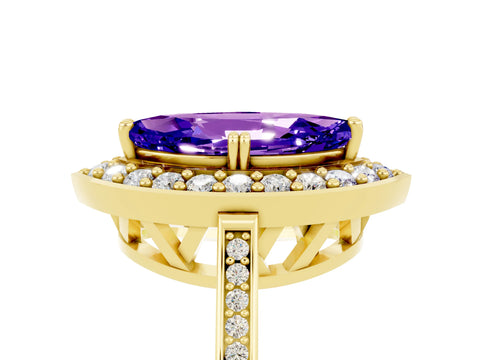 Yellow gold {shape_name} Tanzanite Halo Ring with Split Shank and Four-Prong Setting_5