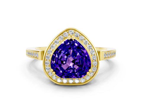 Yellow gold {shape_name} Tanzanite Halo Ring with Split Shank and Four-Prong Setting