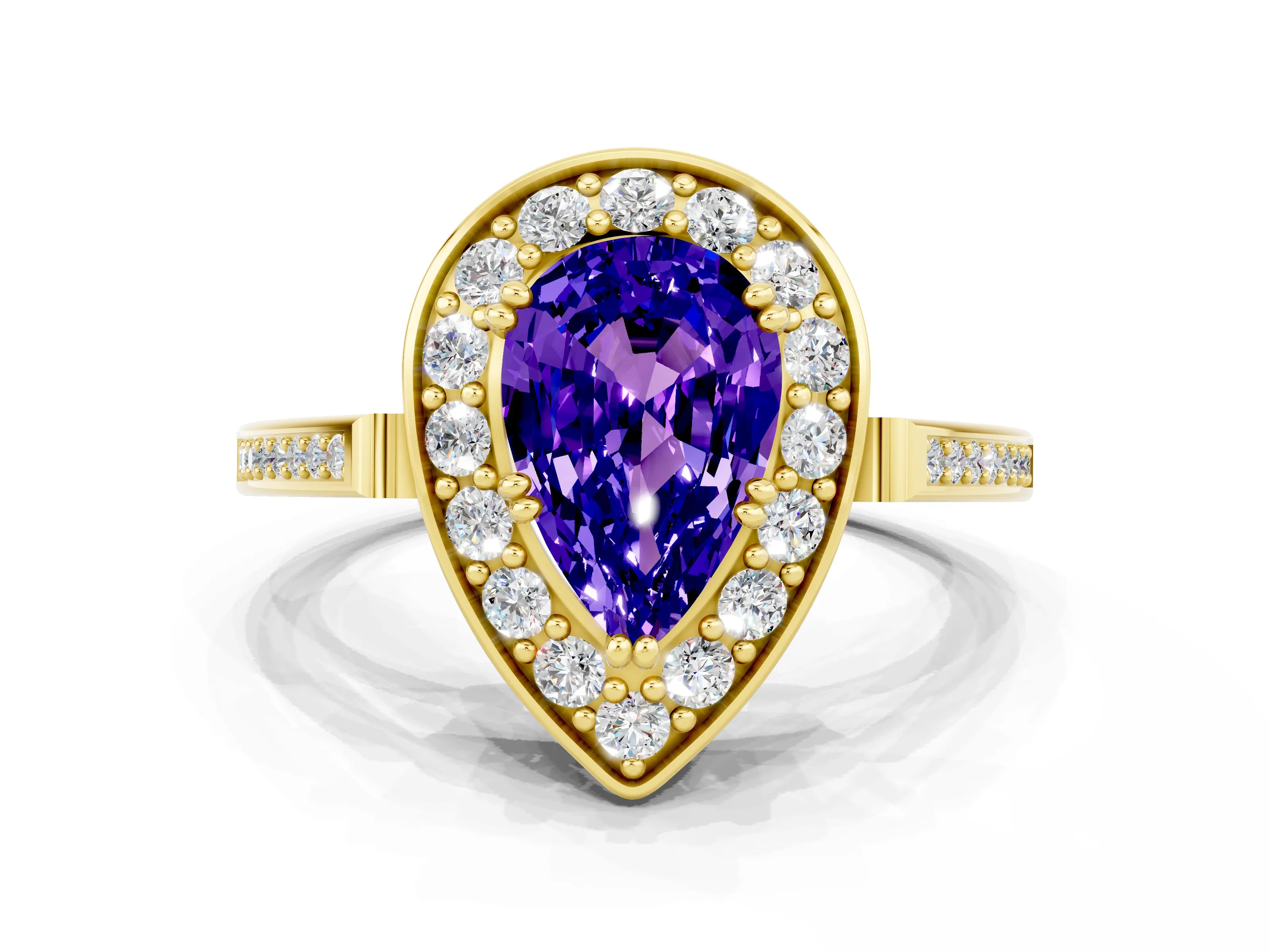Yellow gold {shape_name} Tanzanite Halo Ring with Split Shank and Four-Prong Setting