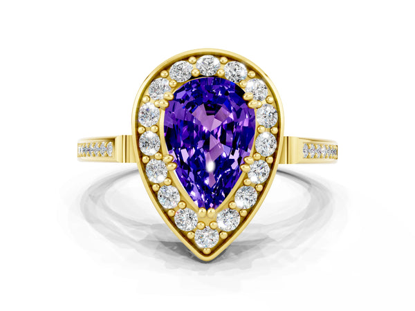 Yellow gold Pear Cut Tanzanite Halo Ring with Split Shank and Four-Prong Setting