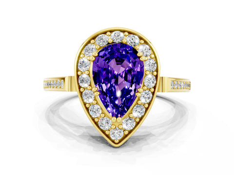 Yellow gold {shape_name} Tanzanite Halo Ring with Split Shank and Four-Prong Setting