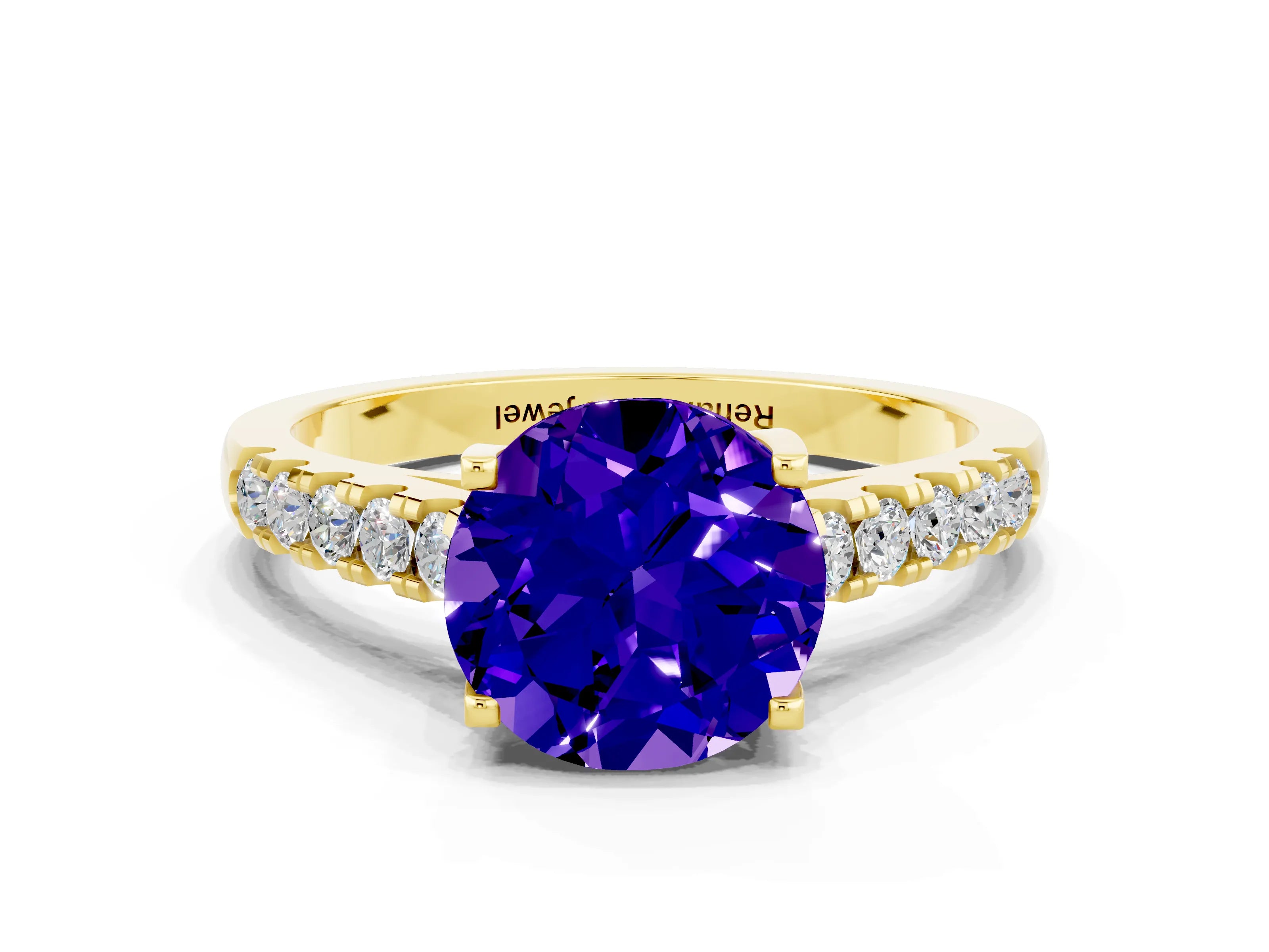 Yellow gold {shape_name} Tanzanite Solitaire Ring with Pavé Band and Four-Prong Setting