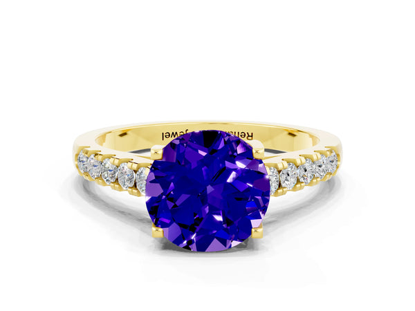 Yellow gold Round Cut Tanzanite Pavé Band Solitaire Ring with Prong Setting