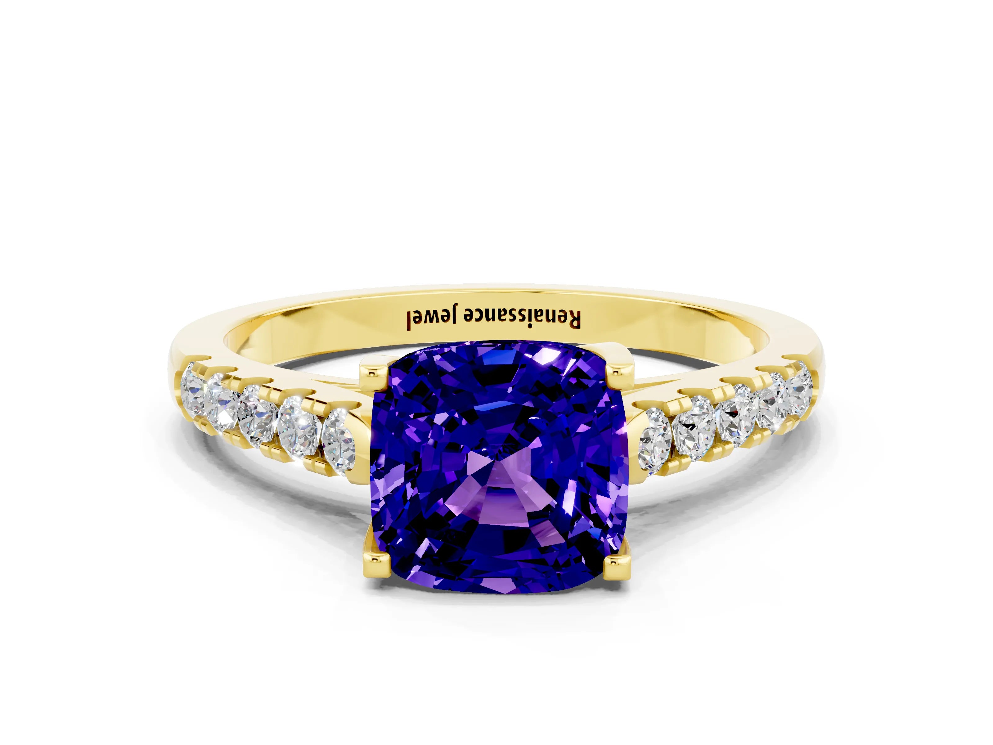 Yellow gold {shape_name} Tanzanite Solitaire Ring with Pavé Band and Four-Prong Setting