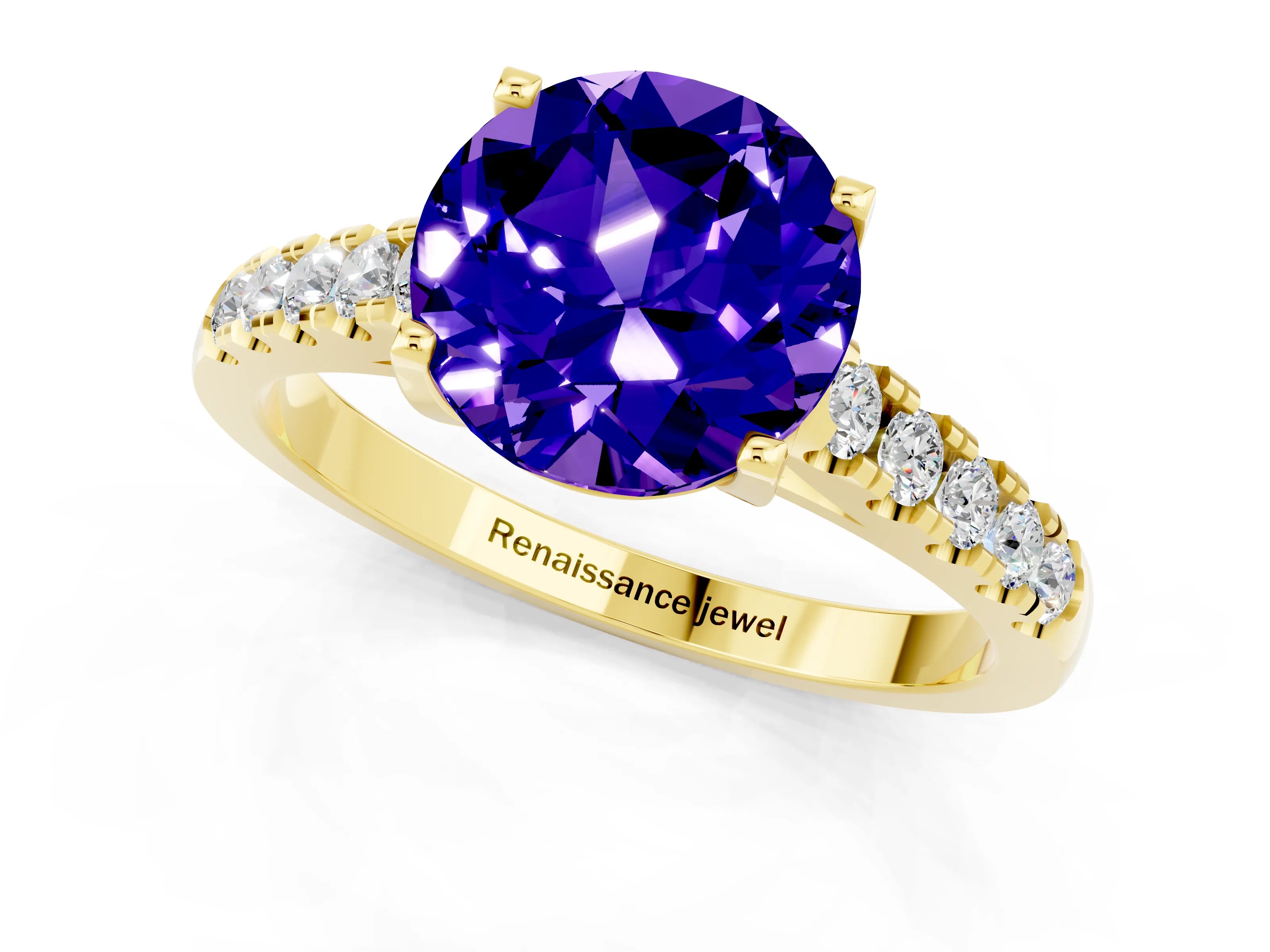 Yellow gold {shape_name} Tanzanite Solitaire Ring with Pavé Band and Four-Prong Setting_1