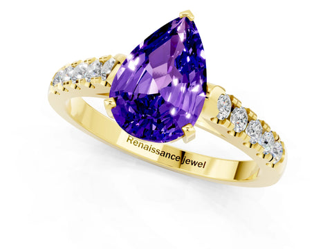 Yellow gold {shape_name} Tanzanite Solitaire Ring with Pavé Band and Four-Prong Setting_1